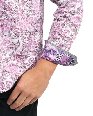 Downing Cotton Stretch Satin Printed Classic Fit Button Down Shirt