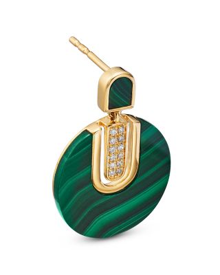 14K Yellow Gold Malachite Art Deco Drop Earrings with Diamonds, 0.08 tcw