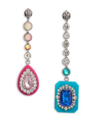 Kurt Geiger London Signature Eagle Multicolor Framed Crystal Mismatch Linear Drop Earrings in Rhodium Plated
