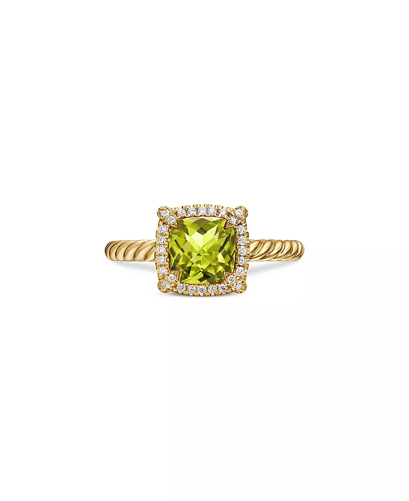 David Yurman Petite Chatelaine Pave Bezel Ring in 18K Yellow Gold with Peridot and Diamonds