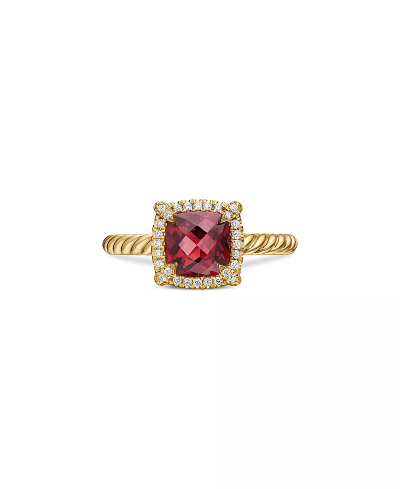 David Yurman Petite Chatelaine Pave Bezel Ring in 18K Yellow Gold with Garnet