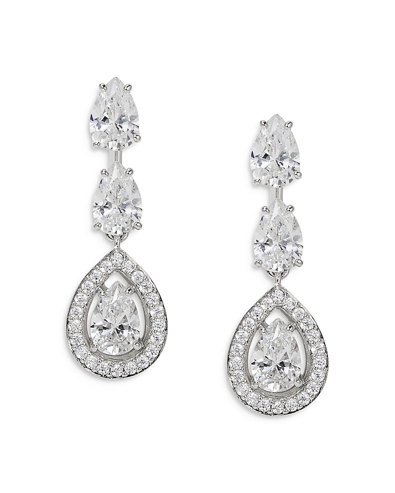 Nadri Radiant Pear Shape Cubic Zirconia Halo Drop Earrings in Rhodium Plated