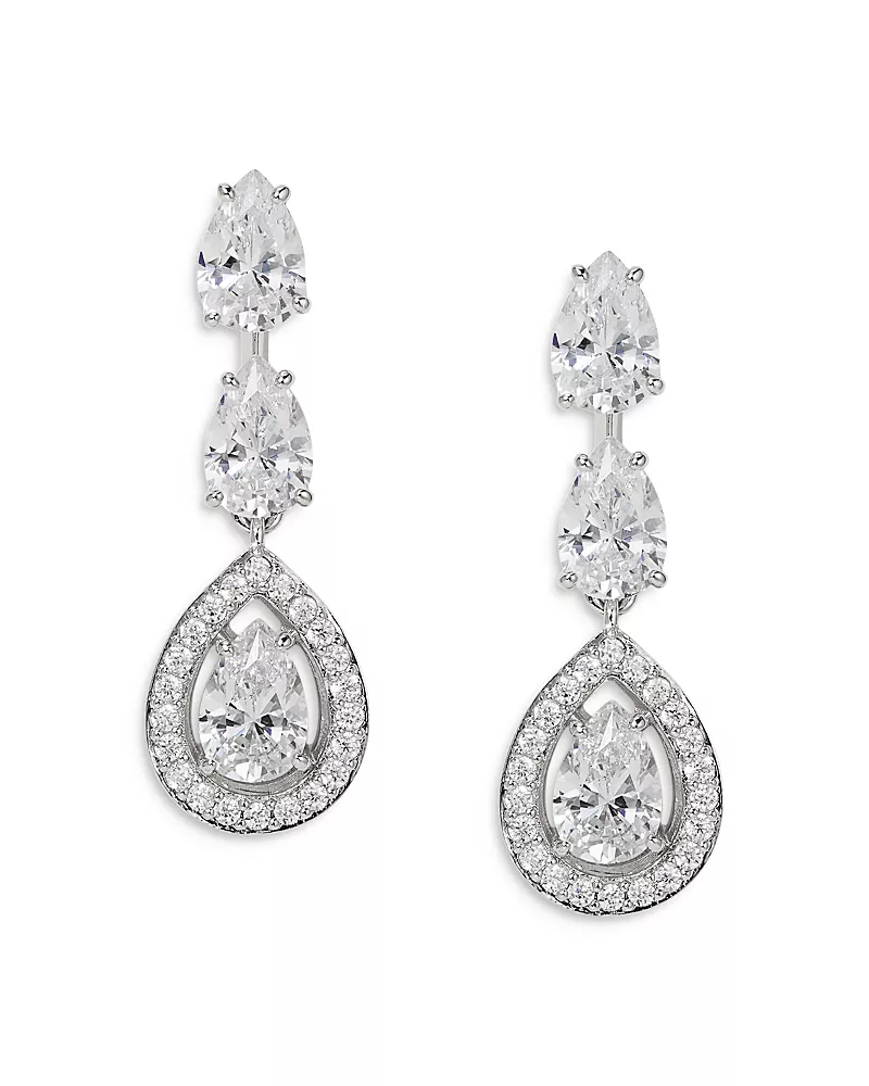 Nadri Radiant Pear Shape Cubic Zirconia Halo Drop Earrings in Rhodium Plated