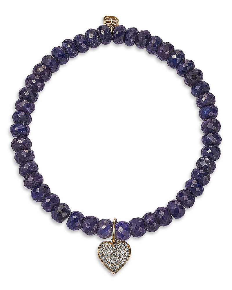 Sydney Evan Mini Pave Diamond Heart Charm Blue Sapphire Corundum Beaded Bracelet In Blue/gold