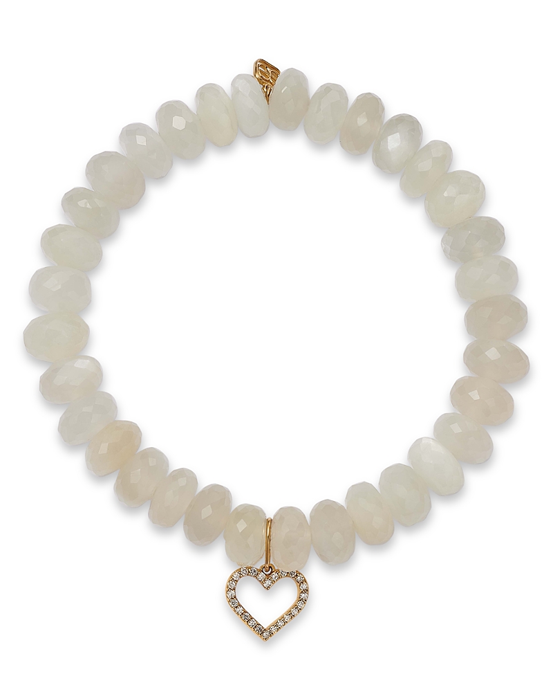 Sydney Evan Diamond Open Heart Charm White Moonstone Beaded Bracelet In White/gold