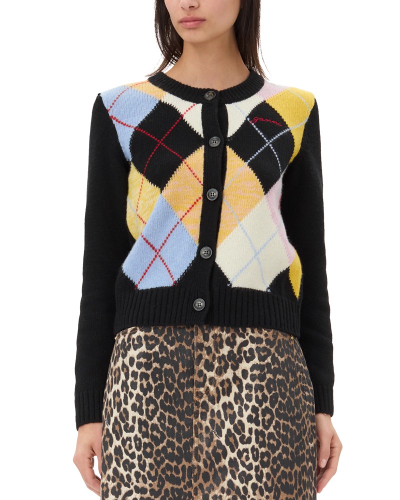 Ganni Harlequin Wool Blend Cardigan in Mulitcolor