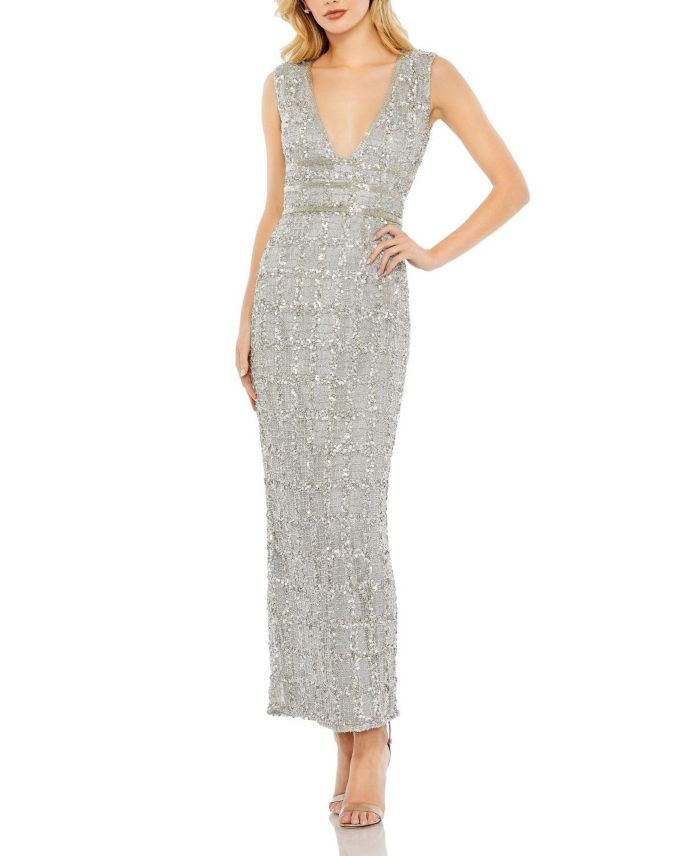 Beaded Sleeveless Tea Length Sheath Dress