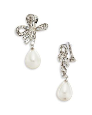 Imitation Pearl & Pav&eacute; Bow Drop Earrings