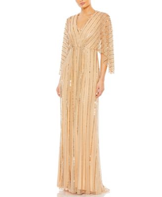  Beaded Striping Kimono Sleeve V Neck Gown