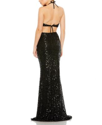Cut Out Halter Tie Back Sequin Gown