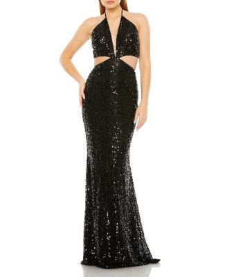 Mac Duggal - Cut Out Halter Tie Back Sequin Gown