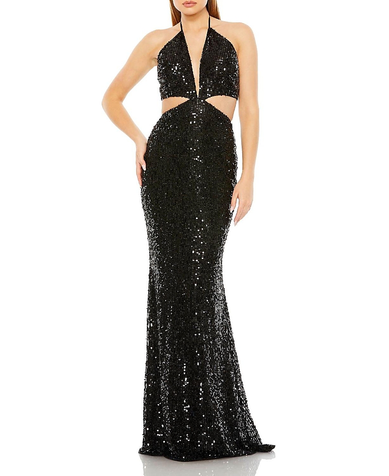 Mac Duggal Cut Out Halter Tie Back Sequin Gown In Black