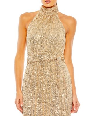 Sequined Halter Neck Belted Soft Tie Dress