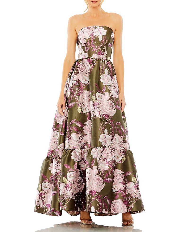 Mac Duggal 11605 Long Strapless Bottom Ruffle Floral Dress In Olive Multi
