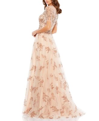  Embellished Illusion Cap Sleeve A Line Gown