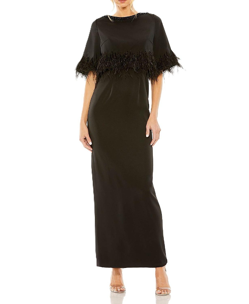 Mac Duggal Quarter Sleeve Crystal Neck Feather Detail Dress