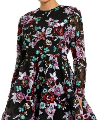 High Neck Long Sleeve Sequin A Line Mini Dress