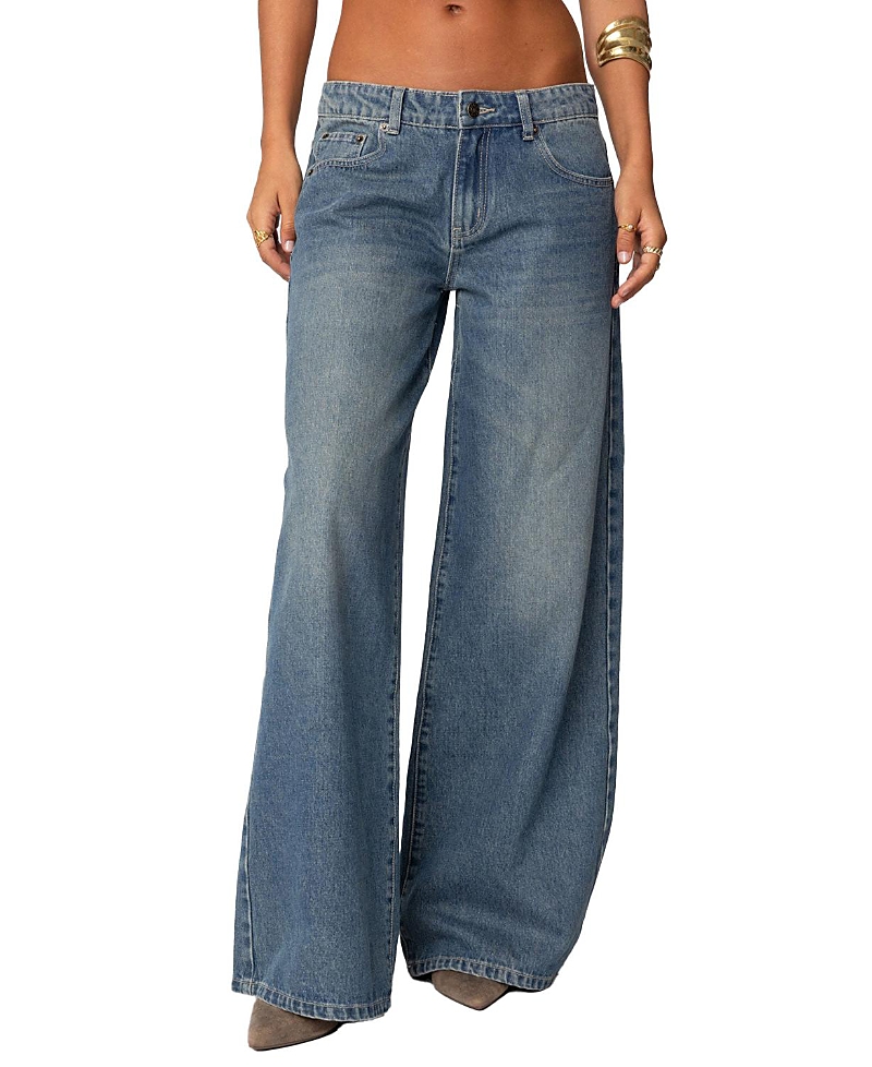 Shop Edikted Vyxen Vintage Washed Low Rise Jeans In Blue Vintage Washed