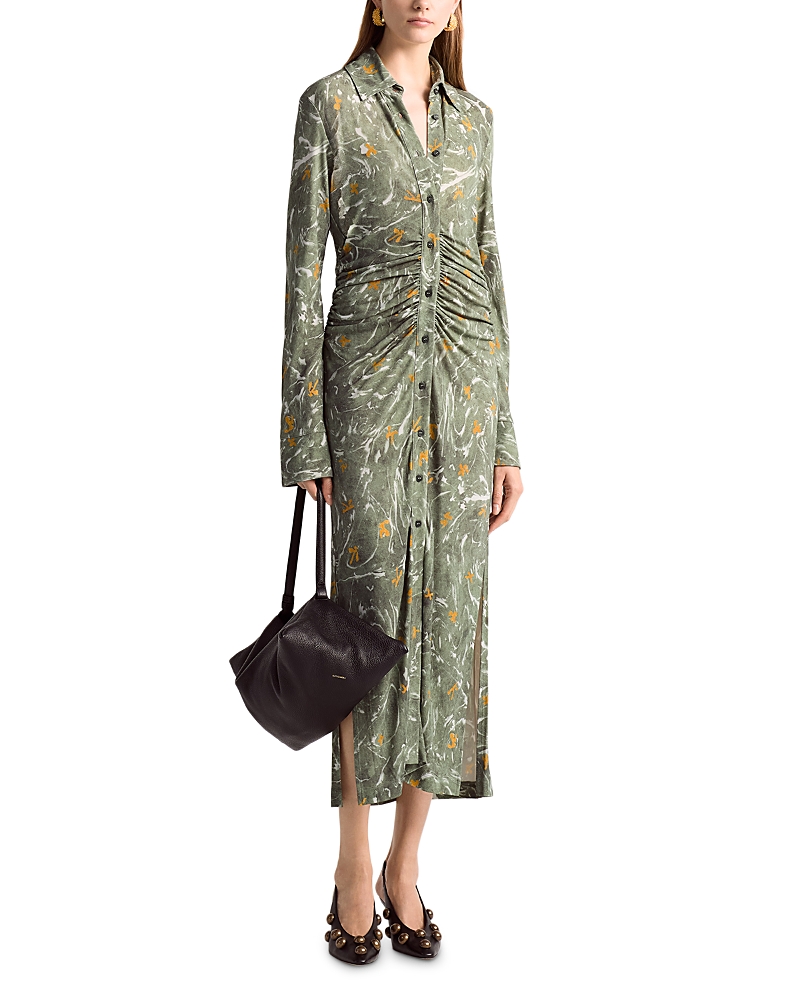 Altuzarra Claudia Marbled Floral Print Ruched Long Sleeve Jersey Shirtdress In Monstera Marbled