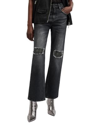 Allsaints Ida Embellished High Rise Cropped Straight Jeans in Black