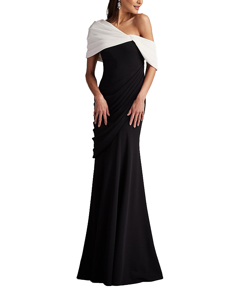 Tadashi Shoji One-shoulder Draped Crepe Gown In Black/ivory