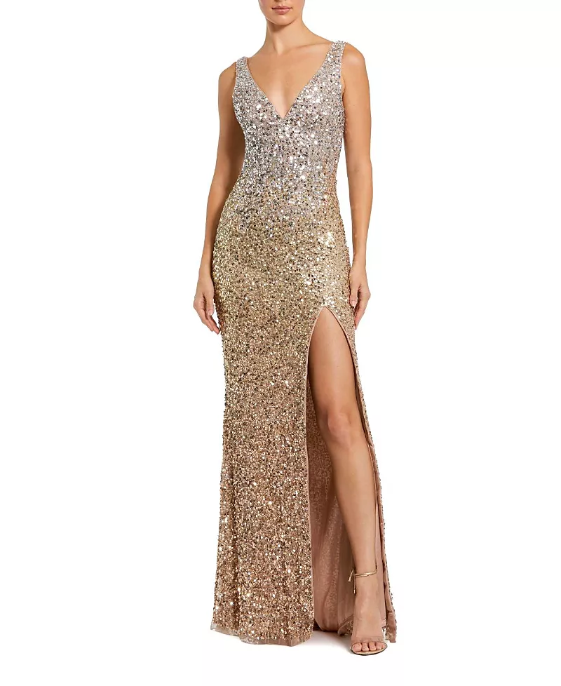 Mac Duggal Sequined Sleeveless V Neck Side Slit Gown