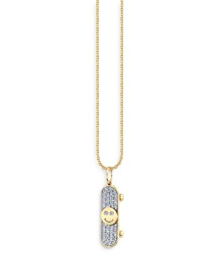 14K Yellow Gold Diamond Happy Face Skateboard Pendant Necklace, 18"