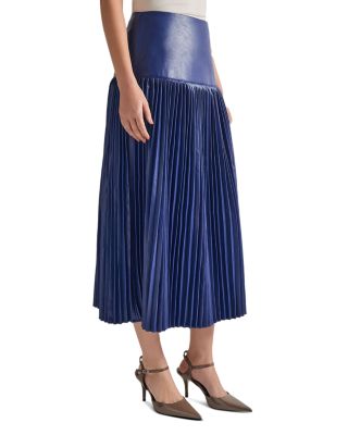 Faux Leather Drop Waist Pleated Midi Skirt