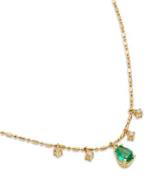 14K Yellow Gold Dangling Emerald & Diamond Necklace, 16"