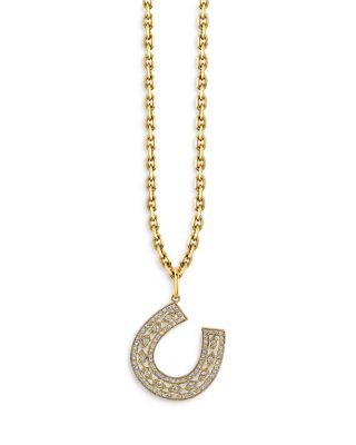 Sydney Evan - 14K Yellow Gold Marquise Eye Diamond Pav&eacute; Horseshoe Charm Necklace, 16"