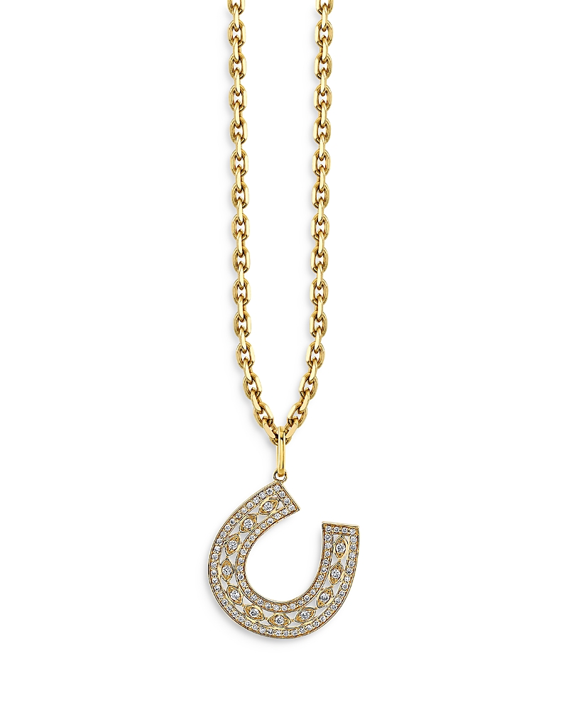 Sydney Evan 14K Yellow Gold Marquise Eye Diamond Pave Horseshoe Charm Necklace, 16