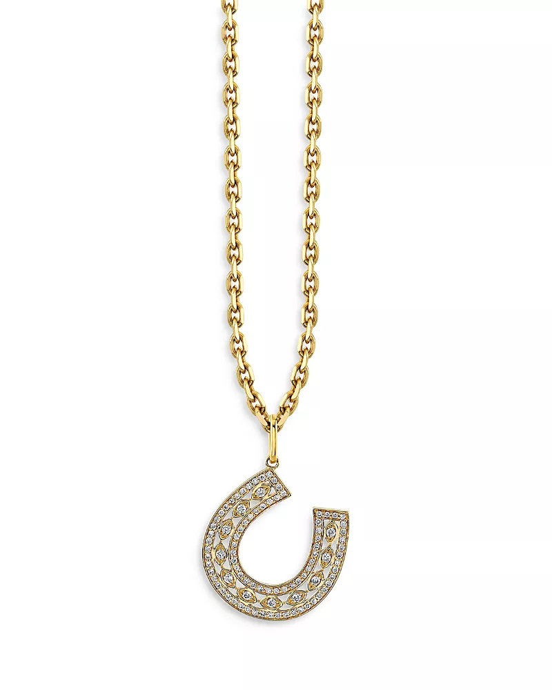 Sydney Evan 14K Yellow Gold Marquise Eye Diamond Pave Horseshoe Charm Necklace, 16