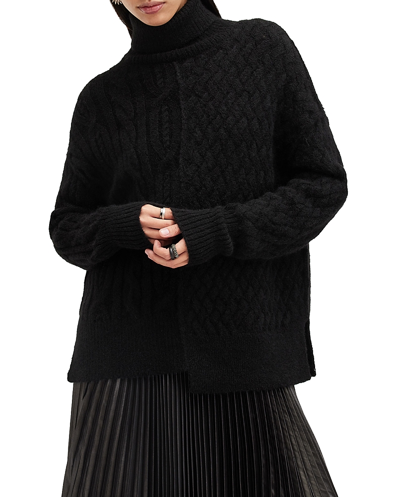 Allsaints Varla Turtleneck Cable Alpaca Blend Sweater In Black