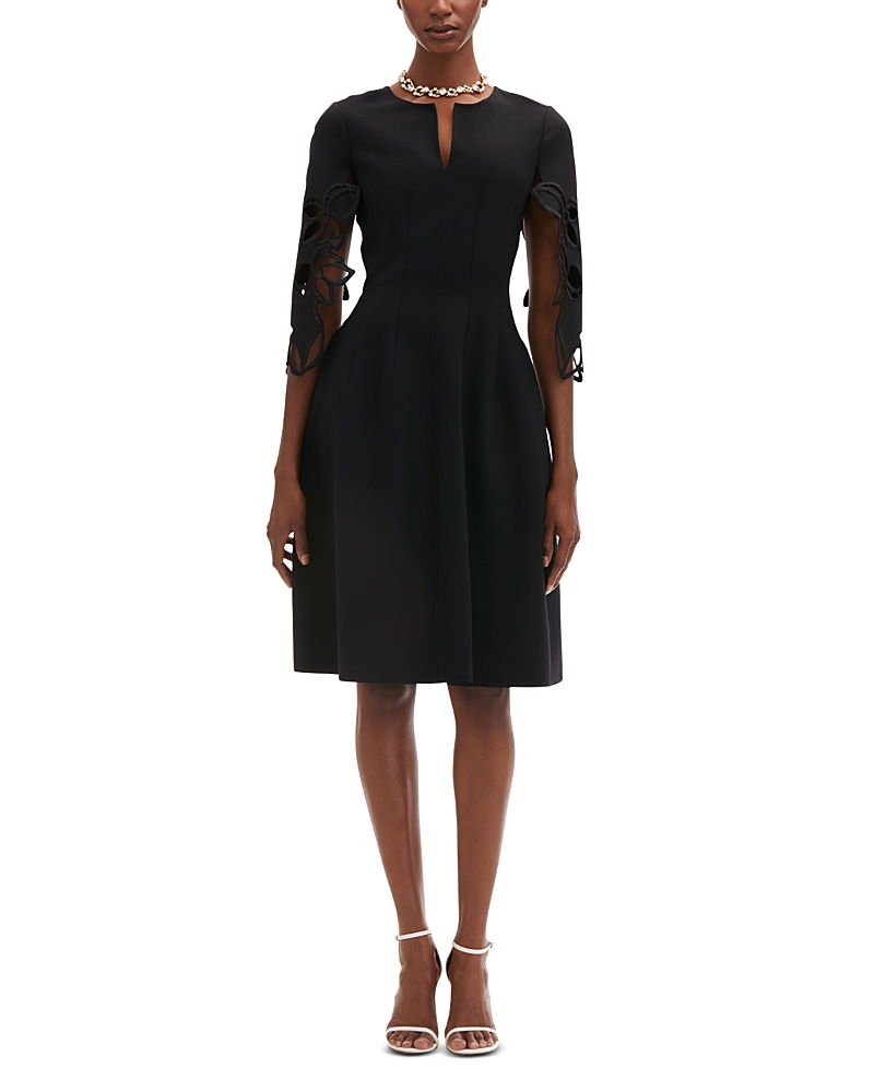 Oscar De La Renta Orchid Sleeve Split-neck Dress In Black