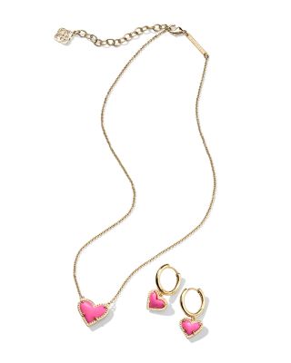 Ari Pink Heart Pendant Necklace & Matching Stud Earrings, Set of 2