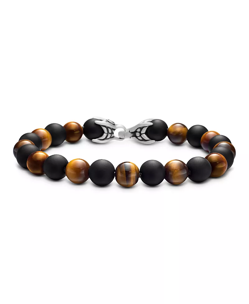 David Yurman Men's Spiritual Beads Alternating Bracelet in Sterling Silver with Tigers Eye and Black Onyx, 8mm