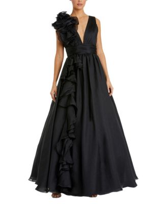Ruffle Shoulder V-Neck Chiffon Gown