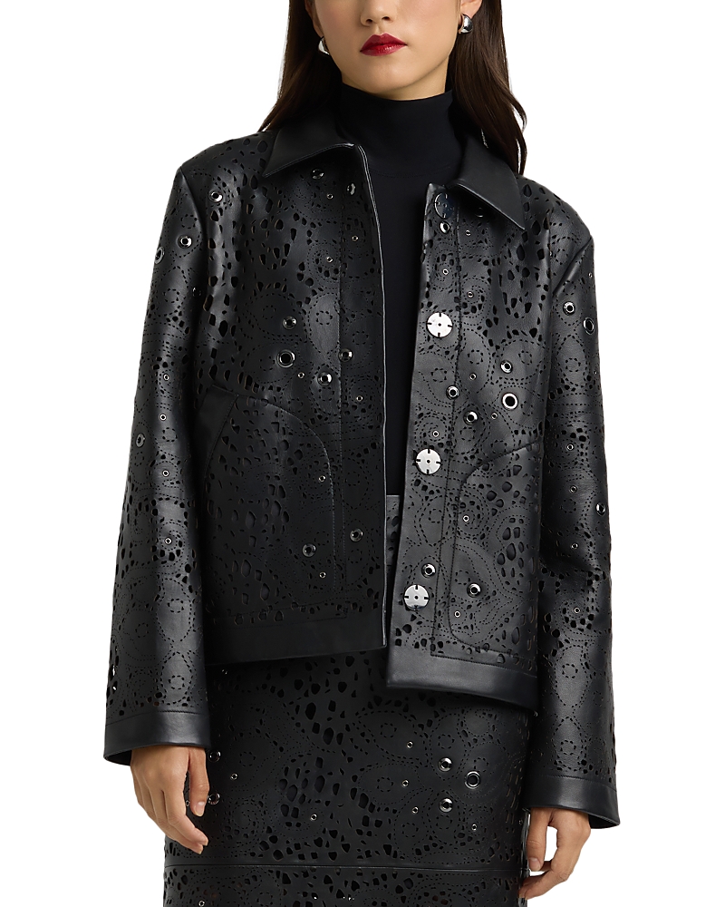 St John Lace Grommet Leather Jacket In Black