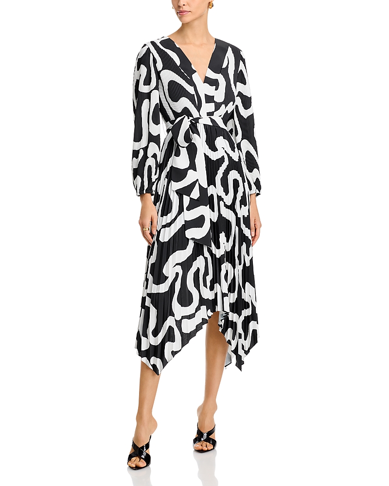 Milly Liora Ink Print Long Sleeve Pleated Midi Dress In Black