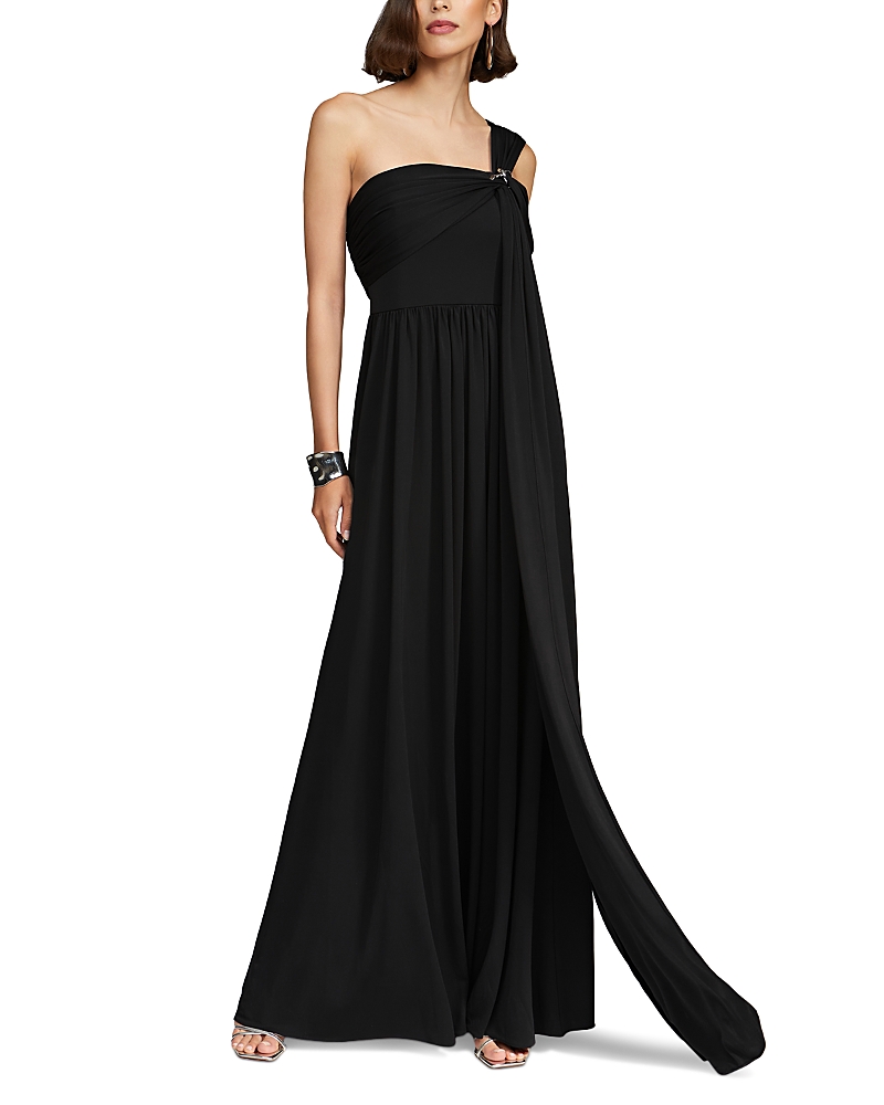 Halston Adena One-shoulder Draped Jersey Maxi Dress In Black