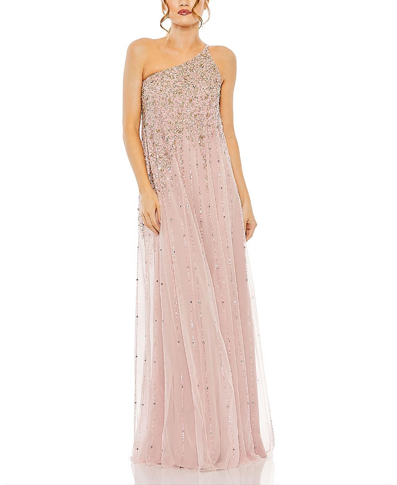 Mac Duggal One Shoulder Embellished Trapeze A Line Gown In Porcelain Gold