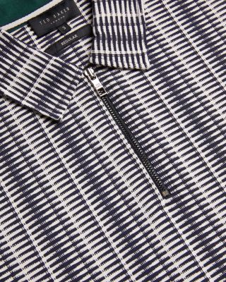 Regular Fit Zip Up Short Sleeve Striped Polo  