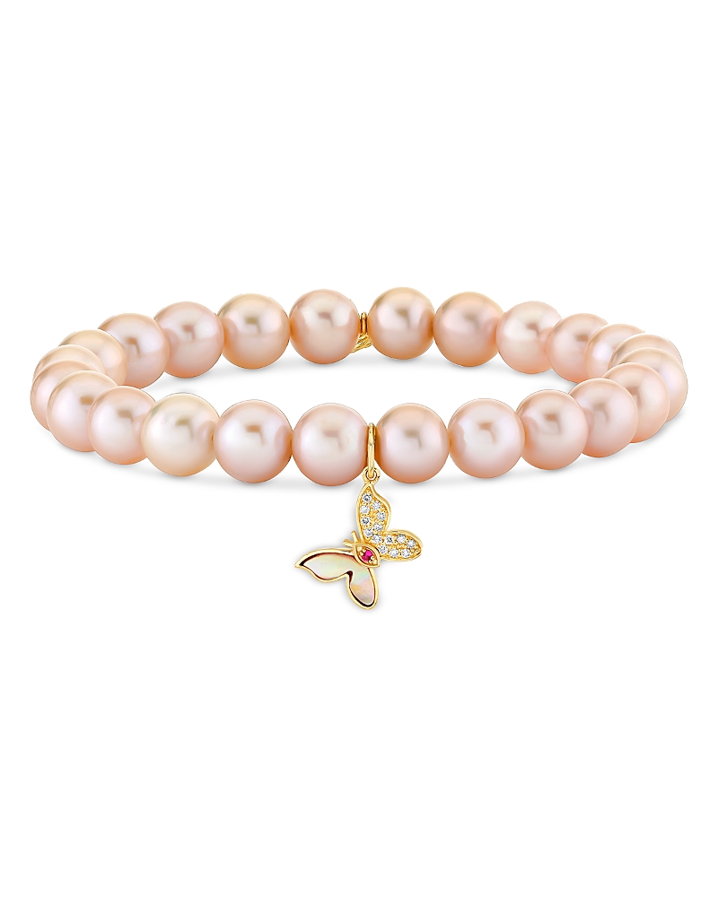 Sydney Evan 14k Yellow Gold Diamond Glinda Butterfly Charm Freshwater Rose Pearl Stretch Bracelet In Pink