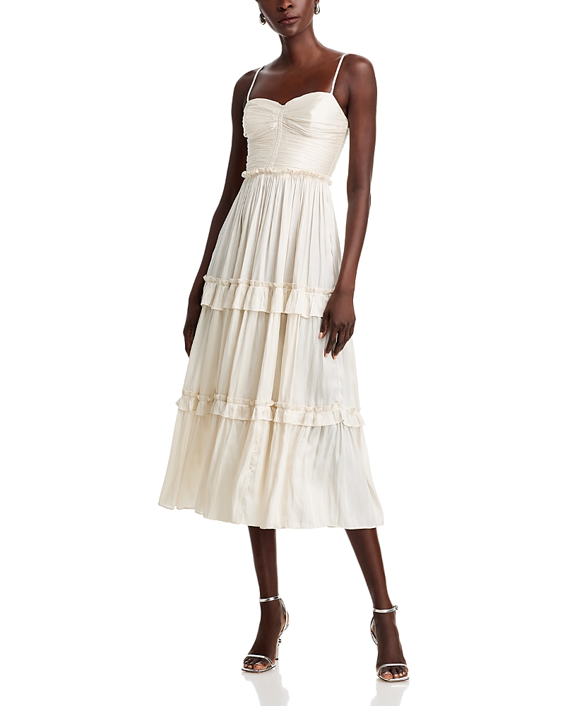 AQUA RUCHED RUFFLED MIDI DRESS - EXCLUSIVE