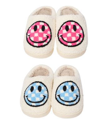 Girls' Plush Checkered Happy Face Slippers - Little Kid