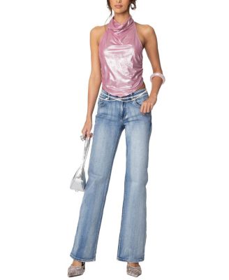 Shiny Backless Cowl Neck Top