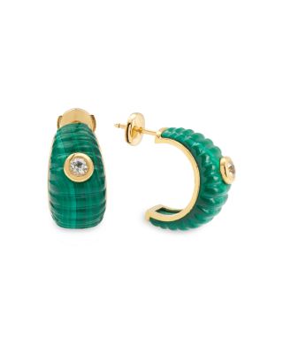 9K Yellow Gold Paire de Creoles Berlingot Malachite & White Topaz Hoop Earrings