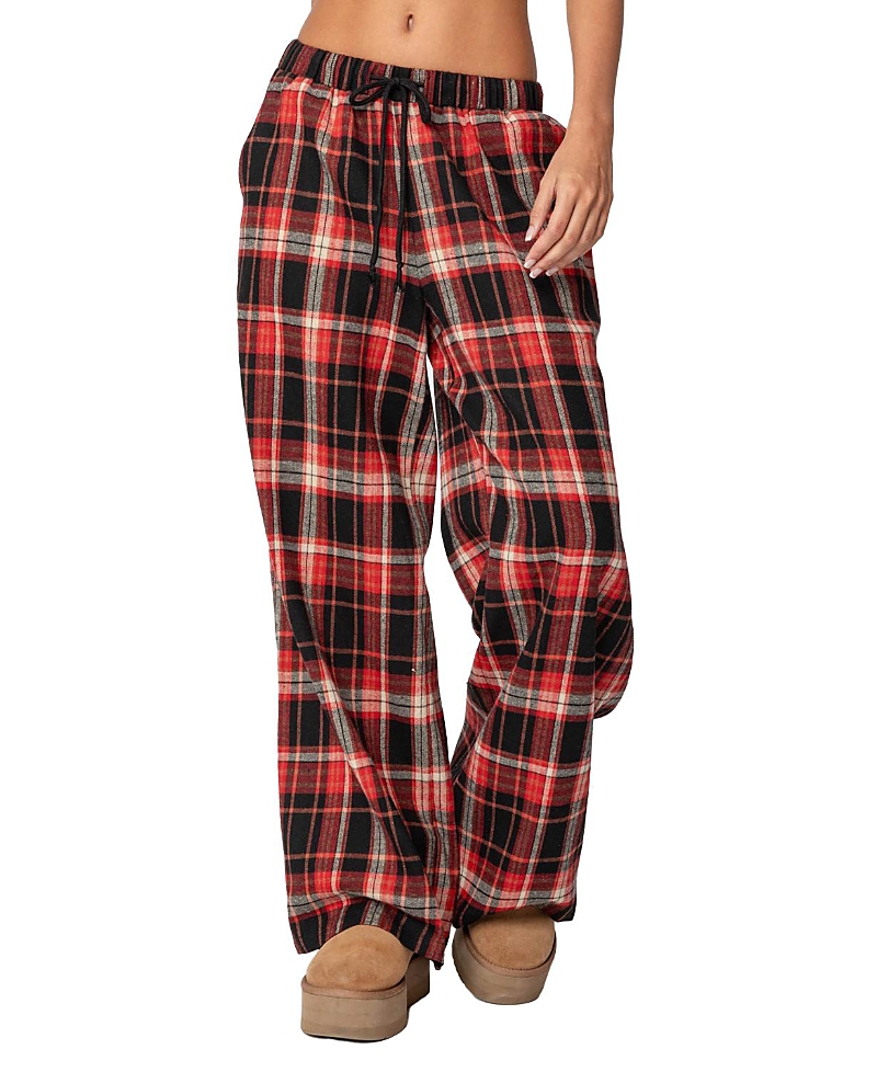 Shop Edikted Lounge Around Plaid Wide Leg Pants In Red