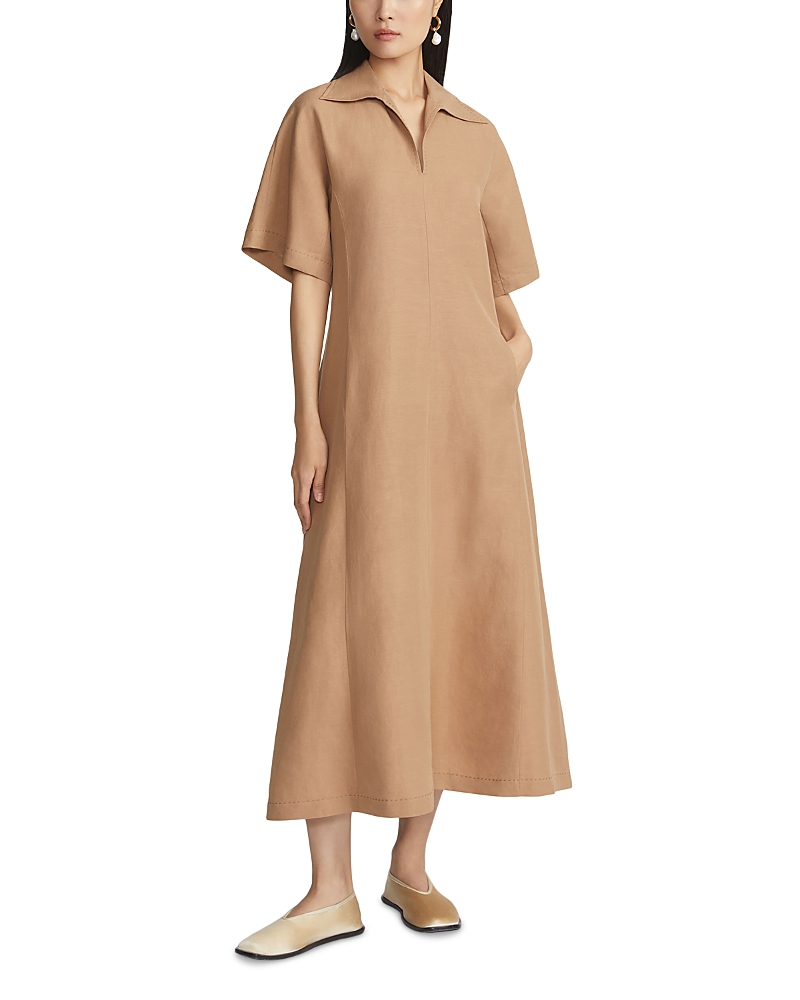 Lafayette 148 Faux-wrap Cotton-linen Midi Shirtdress In Camel