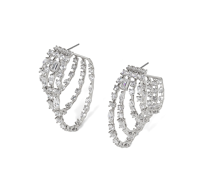 Nadri Cabaret Cubic Zirconia Multi Row Hoop Earrings in Rhodium Plated - Exclusive